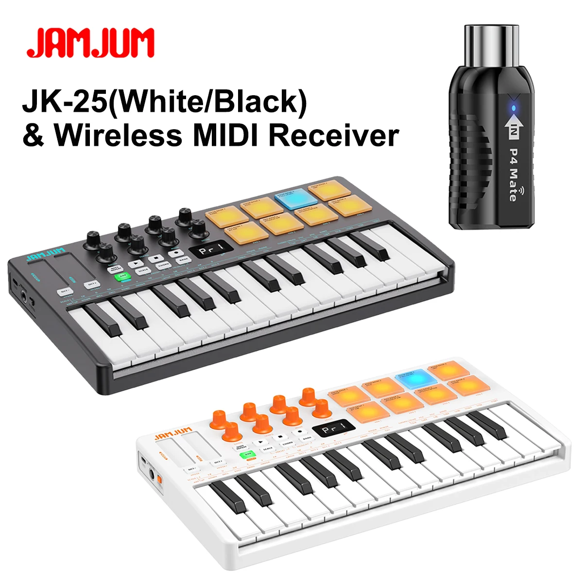 

JAMJUM JK-25 Black/White 25-Key MIDI Controller – 8 RGB Pads, 8 Knobs, Touch Strips, Wireless Receiver