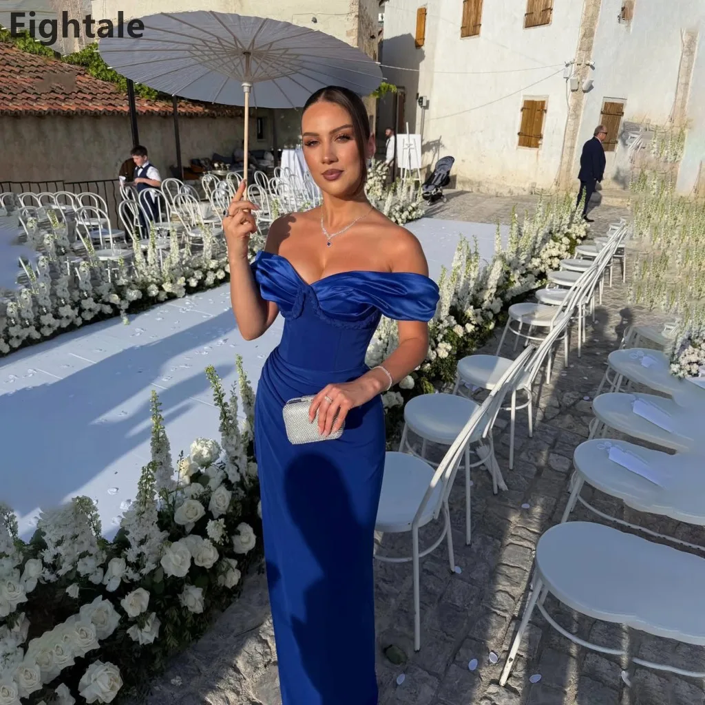 2026 Eightale Royal Blue Off Shoulder Matte Satin Evening Dress Ruched High Slit Dubai Formal Party Prom Gown Customized