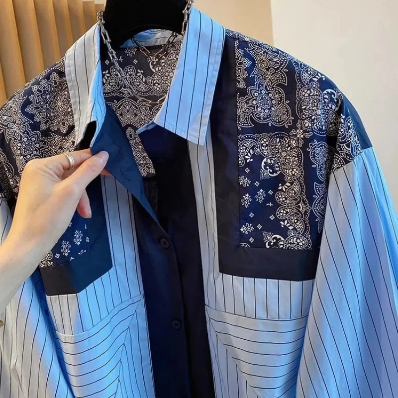 wiosna jesień skręcić w dół kołnierz z długim rękawem modna koszula damska główna ulica Casual nadruk sweter z guzikami Vintage eleganckie topy