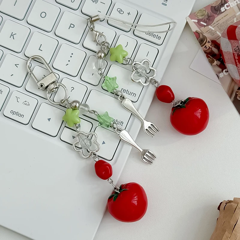 Kawaii Red Tomato Cutlery Beaded Phone For iphone Samsung Xiaomi Redmi Chain Pendant Universal Accessory Chain Lanyard Gift