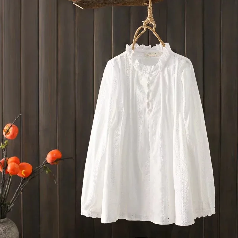 New Summer Cotton Long Sleeve Shirt Women Ruched Collar Embroidery Top Girl Sweet Chic Retro Loose Blouse 2024 Autumn T550136QM