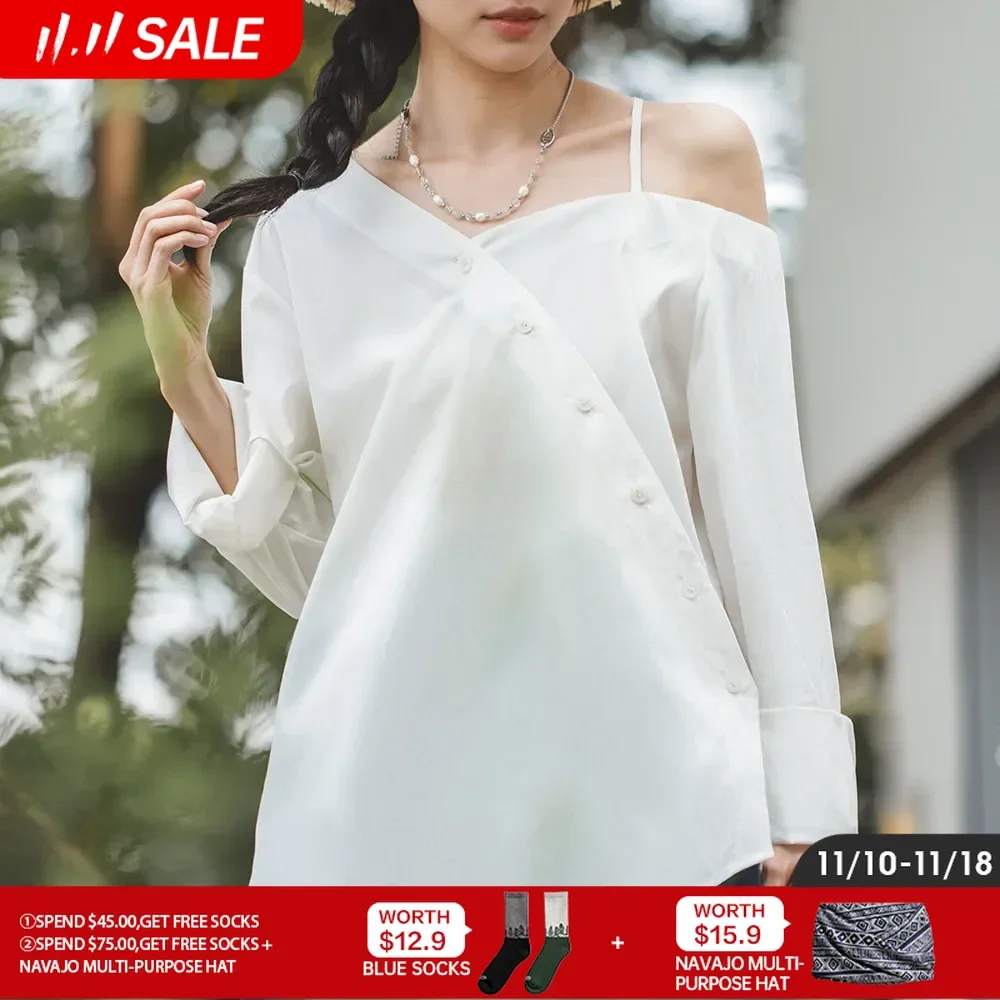 

Maden Women's French Casual Irregular Off Shoulder Strap Shirt Summer Design Sense High Grade Slim Long Sleeve Shirt