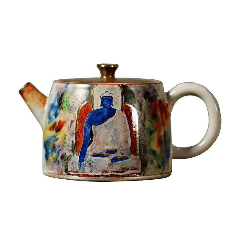 Mu Yan Wood-Fired Shino Hand-Painted Dunhuang Wu Xiang Teapot, Creative Ceramic Kung Fu Tea Single Pot With Ball Hole