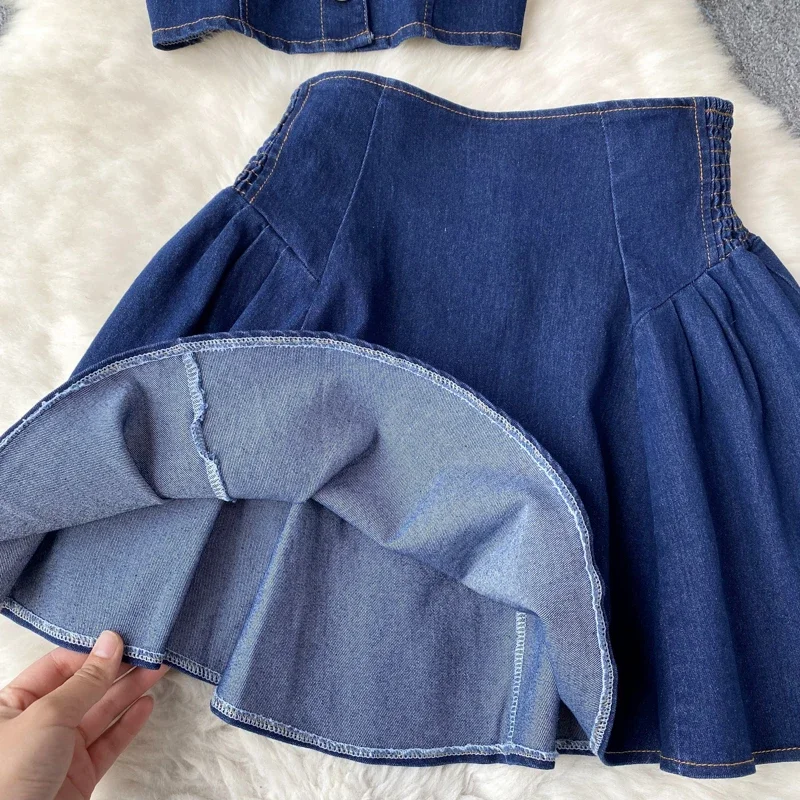 Women Dress Sets Two Piece Sets Skirt Set Denim Off Shoulder Blue Summer Short Tops Party High Waist Jeans Skirts Sexy Crop Top