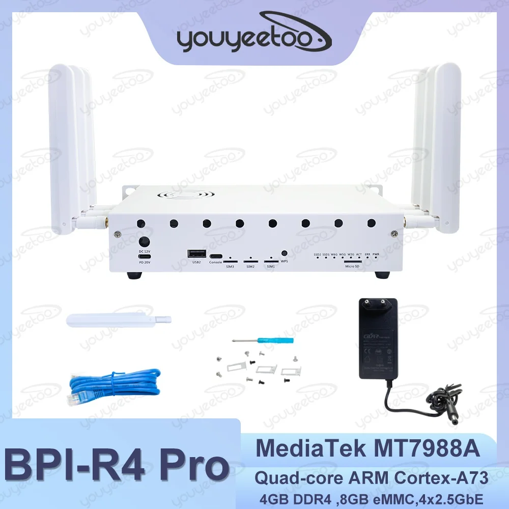 

Banana Pi BPI-R4 Pro WiFi 7 Router Board with MediaTek MT7988A Quad-core A73, 4GB DDR4, 8GB eMMC, 2x10G SFP+, 4x2.5GbE, OpenWrt