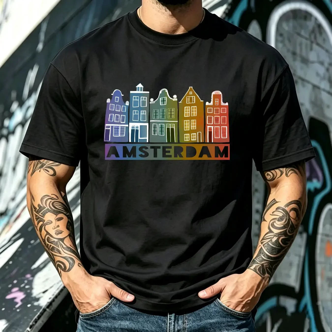 washed T Shirt Canal House Row Amsterdam Holland Dutch Rainbow Large Capacity Backpack Print Backpacks vintage Washed Unisex
