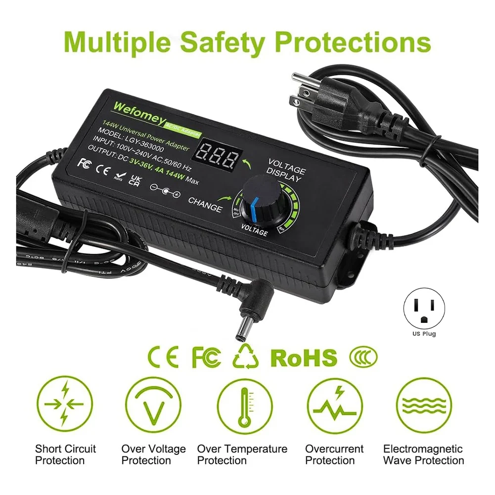 Universal Power Supply 3V-36V 4A 144W Adjustable Variable AC/DC Adapter Charger, 100V-240V AC to DC Converter US Plug Rich
