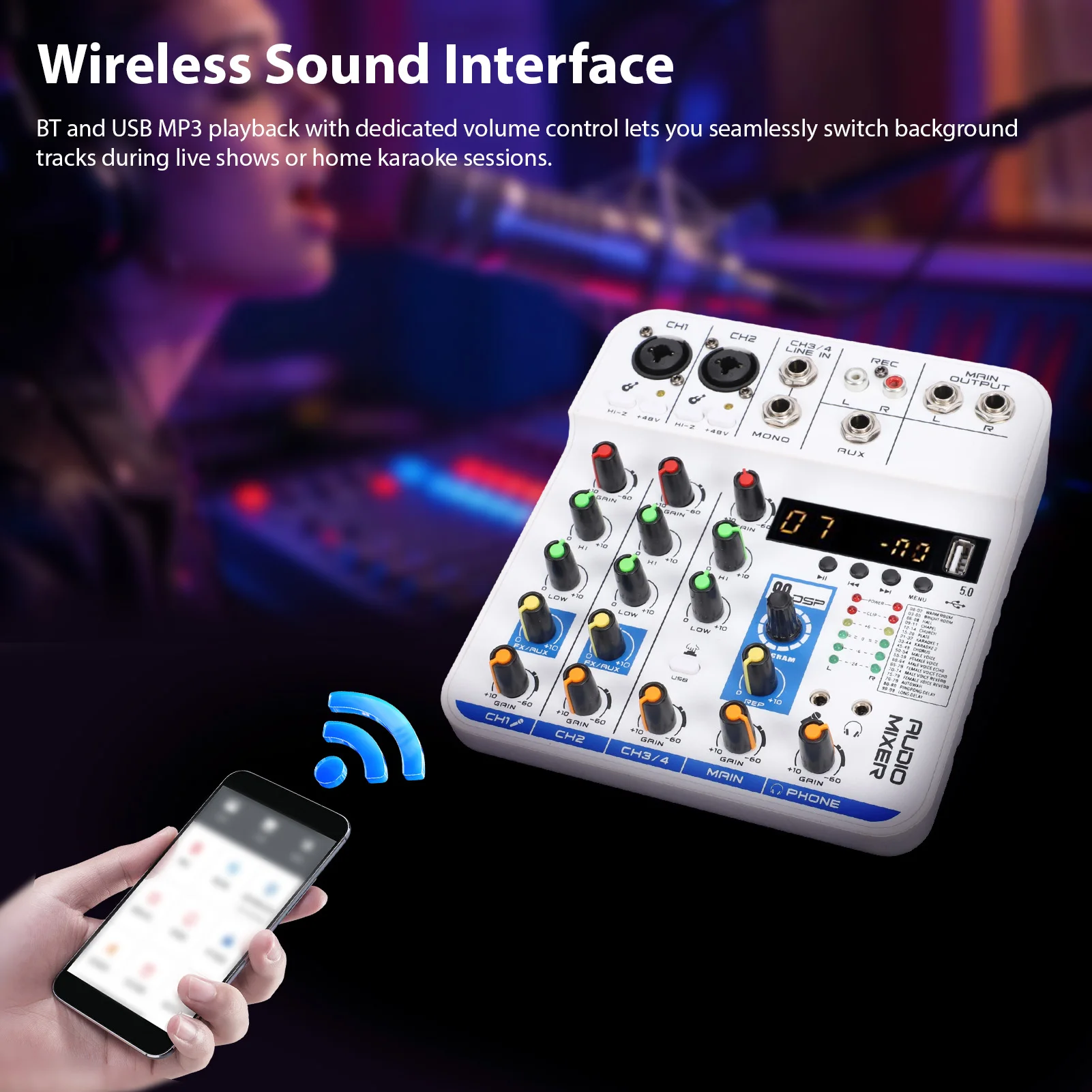 

4 Channel Sound Mixer DSP Digital Reverb USB BT MP3 Module XLR 6.35mm 3.5mm Inputs 48V Phantom Power for Live Streaming Home KTV