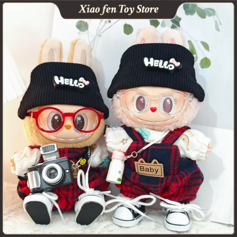 17 センチメートル Labubu 服赤チェック柄オーバーオールセットマカロン座りパーティービニール人形の服衣装アクセサリー子供のおもちゃ