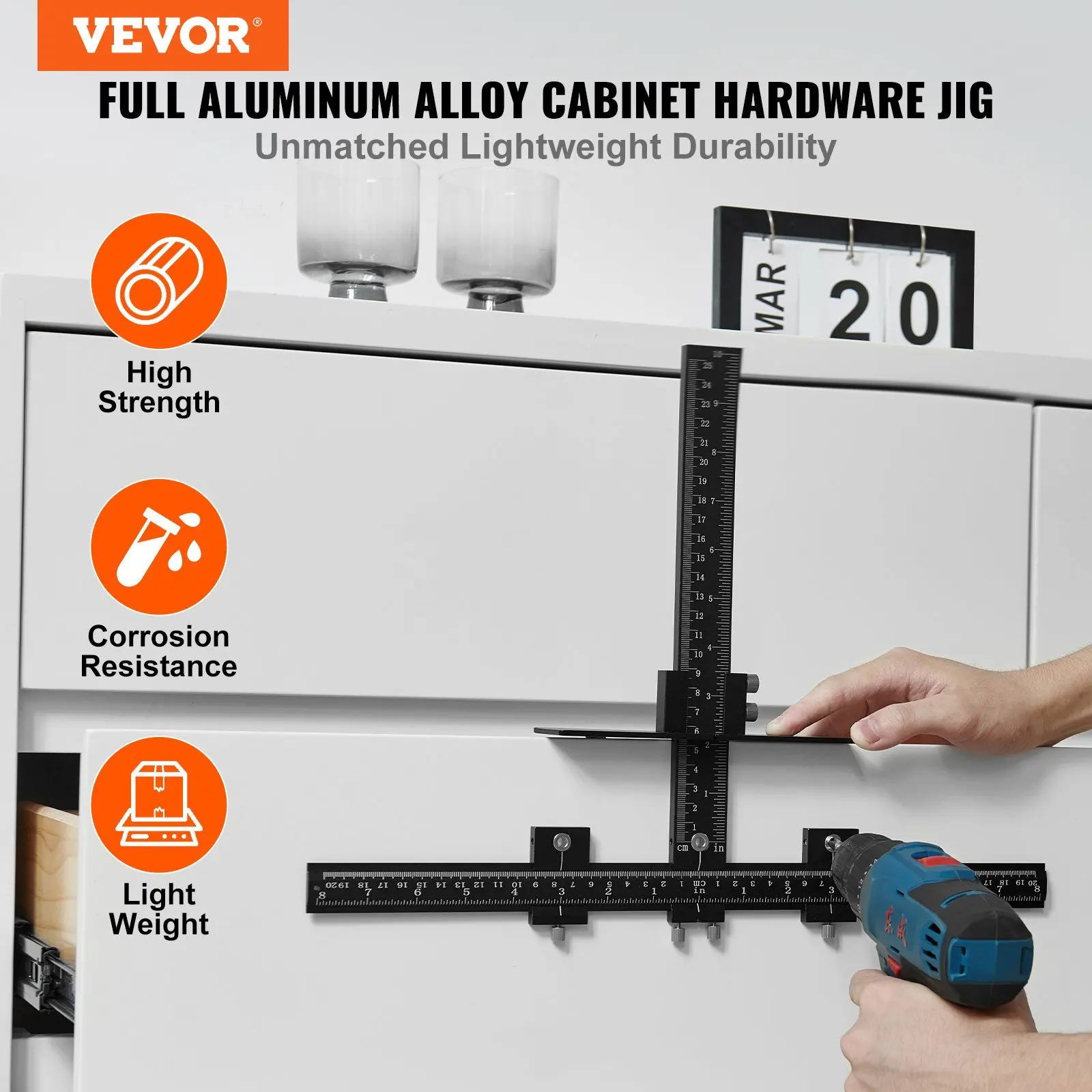 Cabinet Hardware Jig, Aluminum Alloy Cabinet Handle Jig with Center Punch, Adjustable Cabinet Hardware Template Tool, for