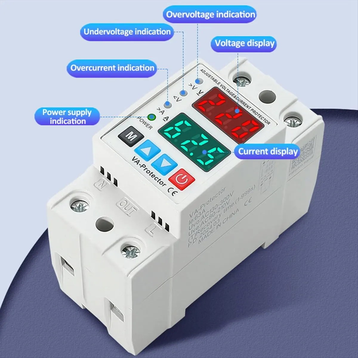 TCE 63A AC130-300V Din Rail Dual Display Adjustable over Voltage Current and Under Voltage Protective Device Protector Relay