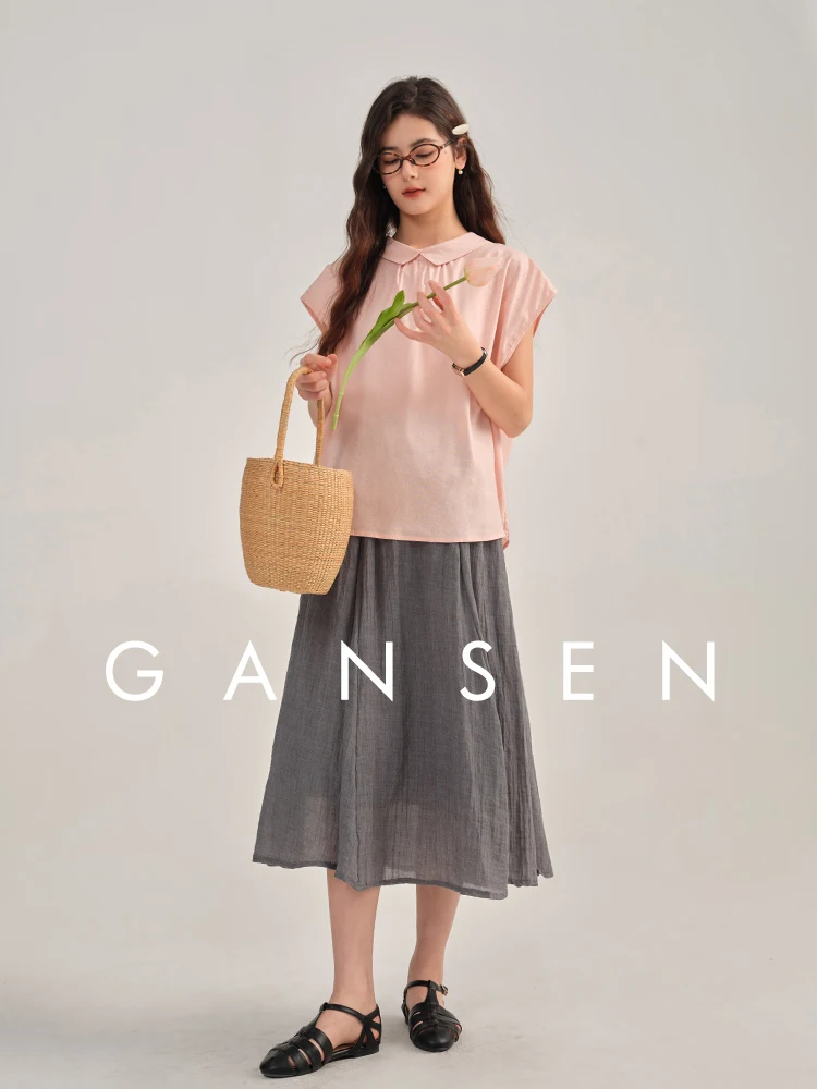 

Женская блузка Gansen с тонким отложным воротником, розовая, легкая, летняя, модная, повседневная, шикарная, с коротким рукавом, однотонная