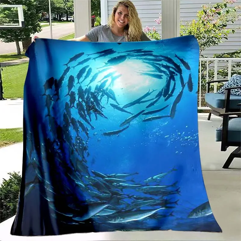 Tuna Fishing Animal Pattern Flannel Throw Blanket Super Lightweight Comfortable Soft Breathable Warm Blanket Bedding Travel Gift