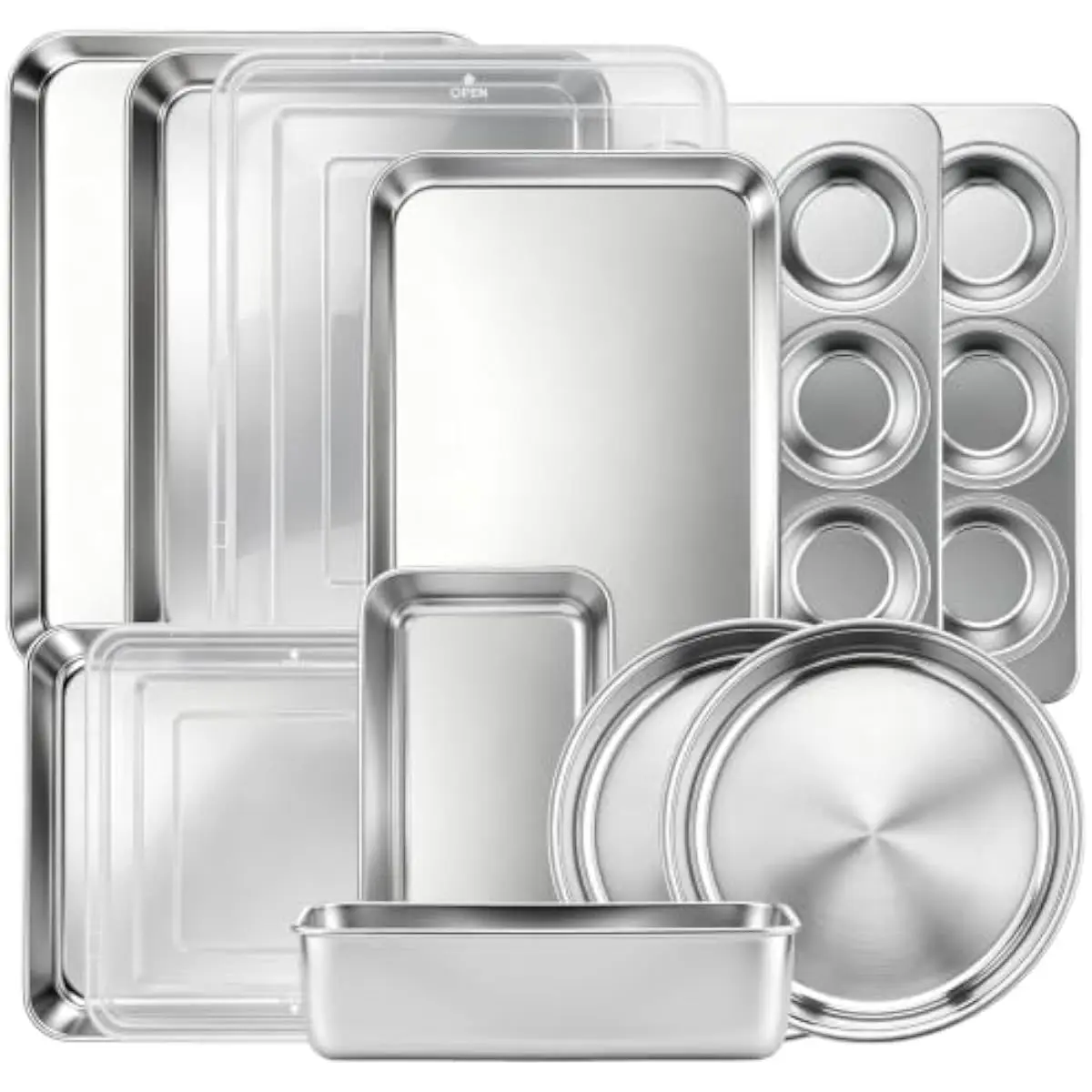 Stainless Steel 10-Piece Oven-Safe Baking Kit Featuring Rectangular & Square Pans with Airtight Lids, Round Cake Molds, Muffin C