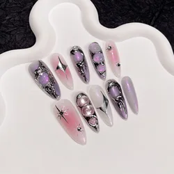 10Pcs Handmade Full Cover Sweet Cool Metal Butterfly Design Spice Girls Long Almond False Nails Wearable Press on Nails Manicure