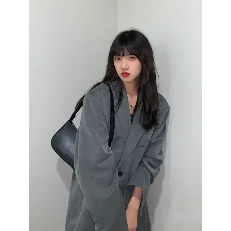 

Insozkdg Grey Oversized Blazer Women Korean Casual Loose Autumn Single-breasted Turndown Collar Long Sleeve Suit Jacket Female