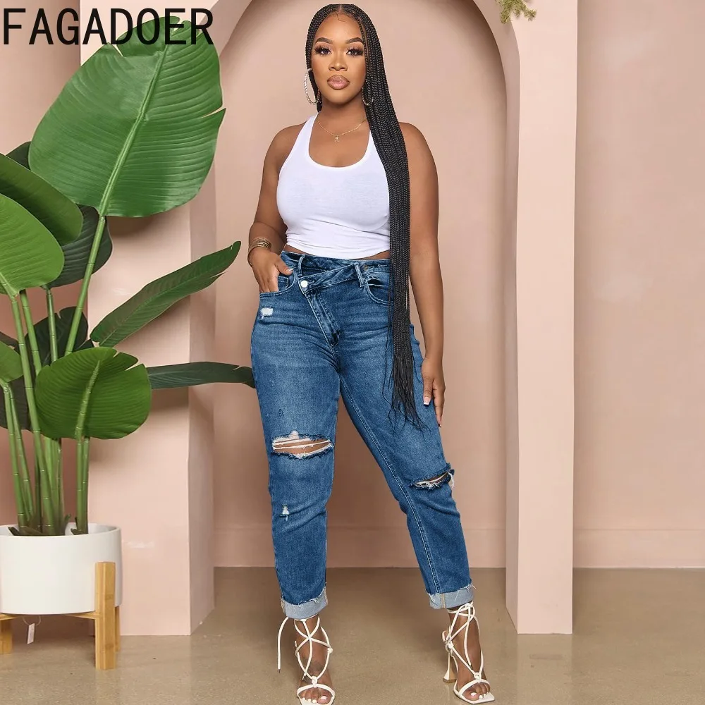 Fagadoer-calça jeans com furo para mulher, calça jeans de cintura alta, elástica, casual, com bolso, estilo cowboy