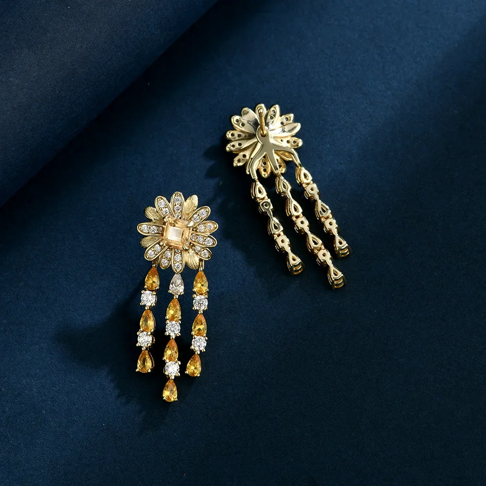 

New S925 sterling silver daisy design with 1ct square 5 * 5 yellow pink and blue gemstone versatile earrings and jewelry