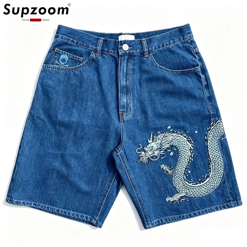 Supzoom 2026 New Arrival Hot Sale Top Fashion Embroidered Dragon Summer Casual Cargo Cotton Denim Pockets Jeans Shorts Men