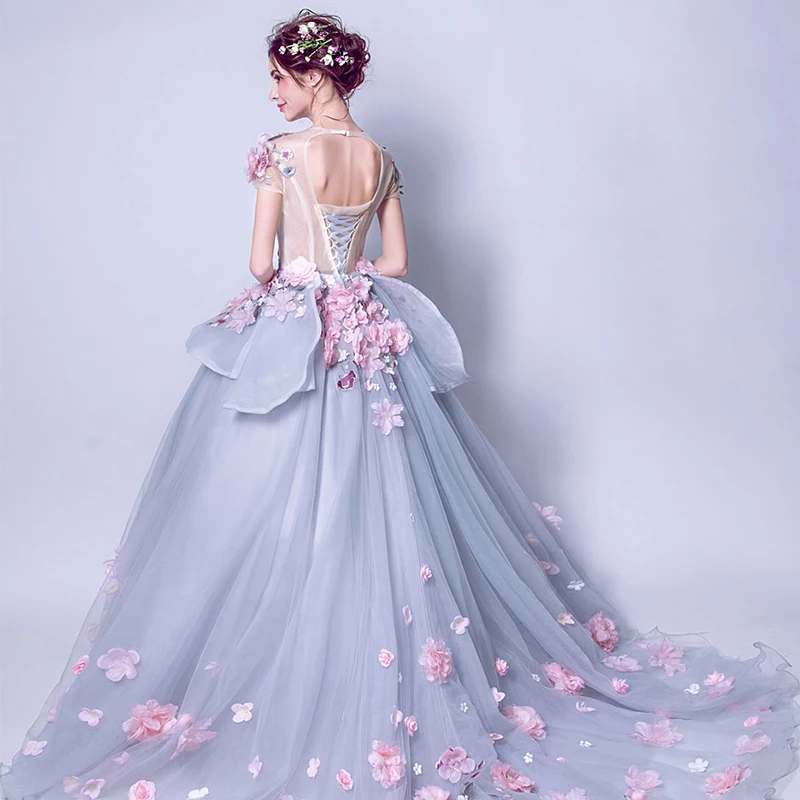 Vestidos de quinceañera grises 2 en 1, vestidos de graduación dulces 15, vestido de baile de fiesta de princesa 3D, flor rosa, Organza, cuello transparente, 2022