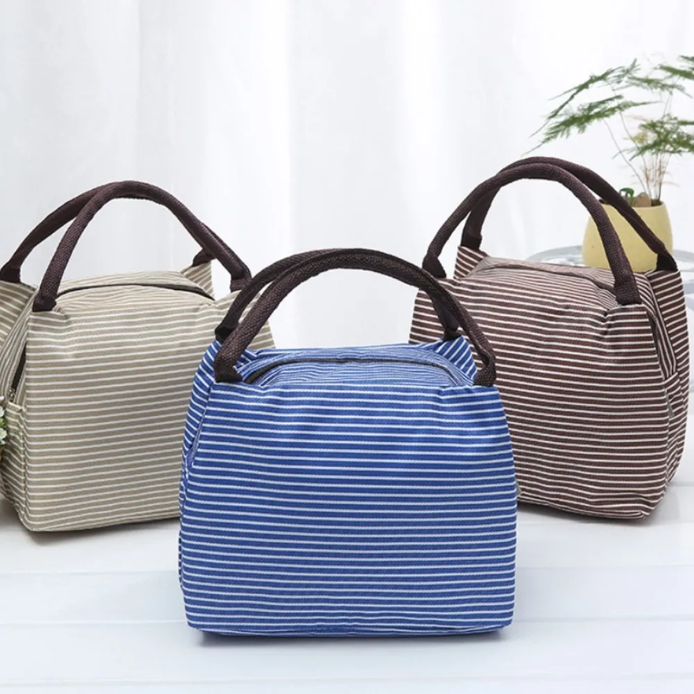 Striped Thermal Lunch Tote Bag for Women Men,Korean Style Waterproof Insulated Bento Bag,Portable Cold Keeping Lunch Box Carrier