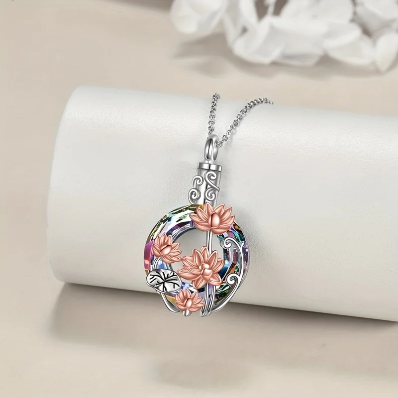1PCS Lotus Kristall Urne Halsketten Für Haustier Asche Container Runde Feuerbestattung Andenken Schmuck Für Pet Memorial Frauen Halskette – Detail 5