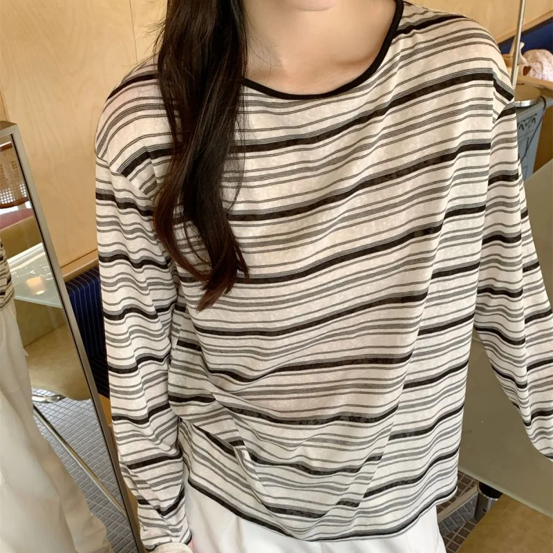 Women Vintage Striped Long Sleeve T Shirt Women Autumn Back Cutout Self Tie Loose Relaxed Pullover Lazy Casual Streetwear Top