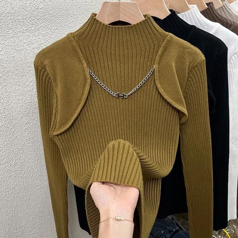 Neploe 2024 Autumn New Half-high Collar Chains Sweaters Mujer Slim Fit Bottoming Tops Women Y2k Long Sleeve Knitted Pullover