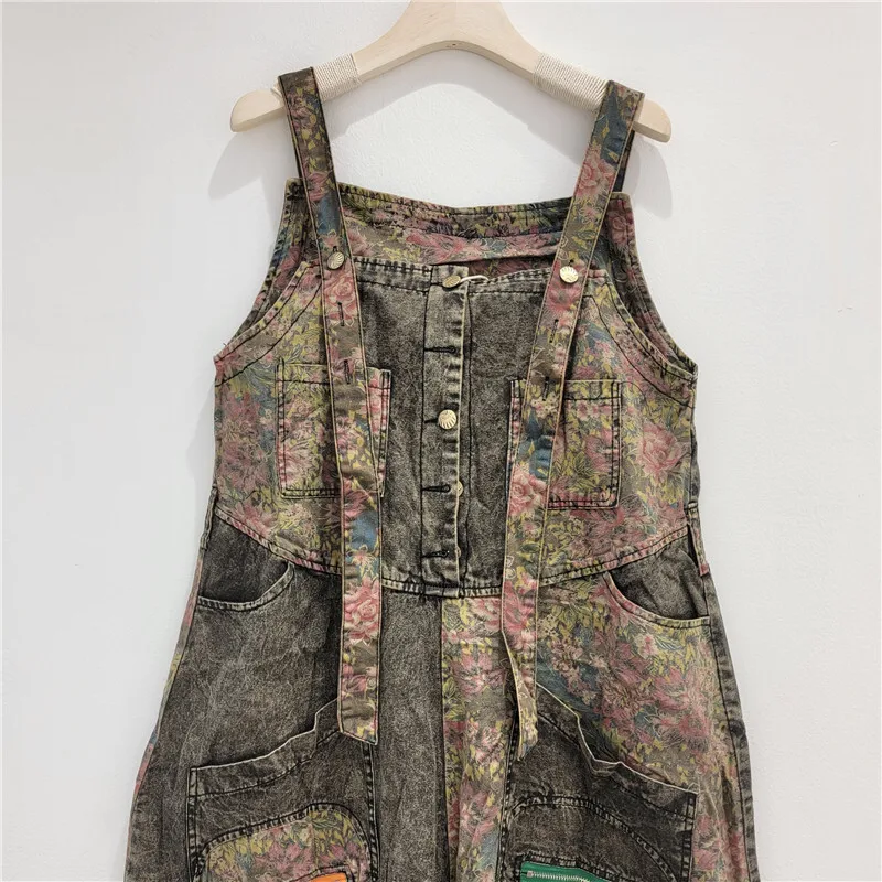 WTHTวินเทจแฟชั่นผู้หญิงSplicedพิมพ์DENIM Jumpsuitsใหม่เอวสูงแขนกุดหญิง 2025 ฤดูร้อน 1LS1472