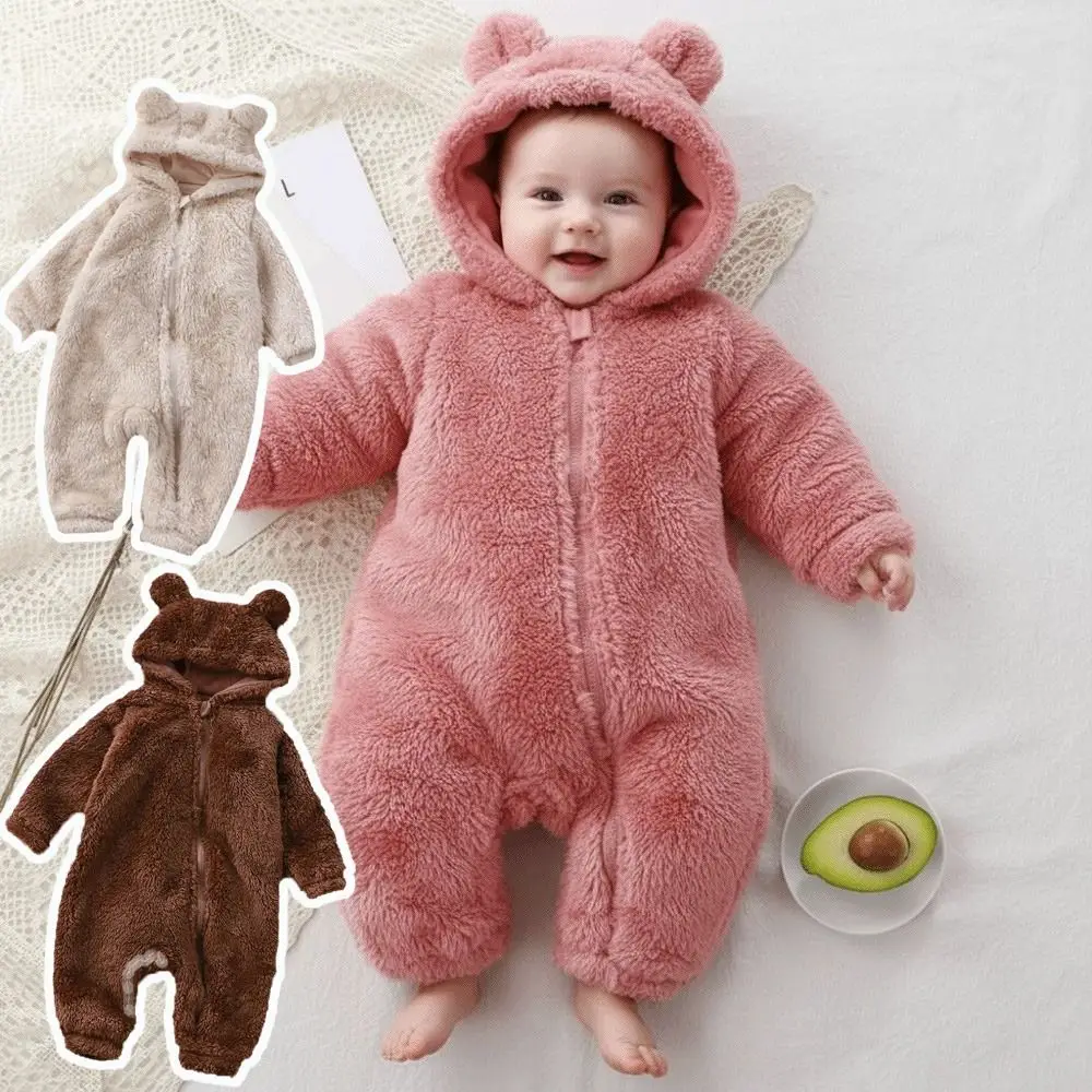 

Thick Warm Baby Rompers Coral Fleece Bear Shape Infant Jumpsuits Hooded Zipper Soft Velvet Newborn Pajamas Newborn Wear