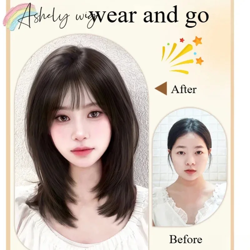 Wig Rambut Sintetis Alami Berlapis Hitam Coklat Candy 2025Shoulder Untuk Gelombang Tubuh Wig Wanita Sehari-hari dengan Poni Tirai Tahan Panas