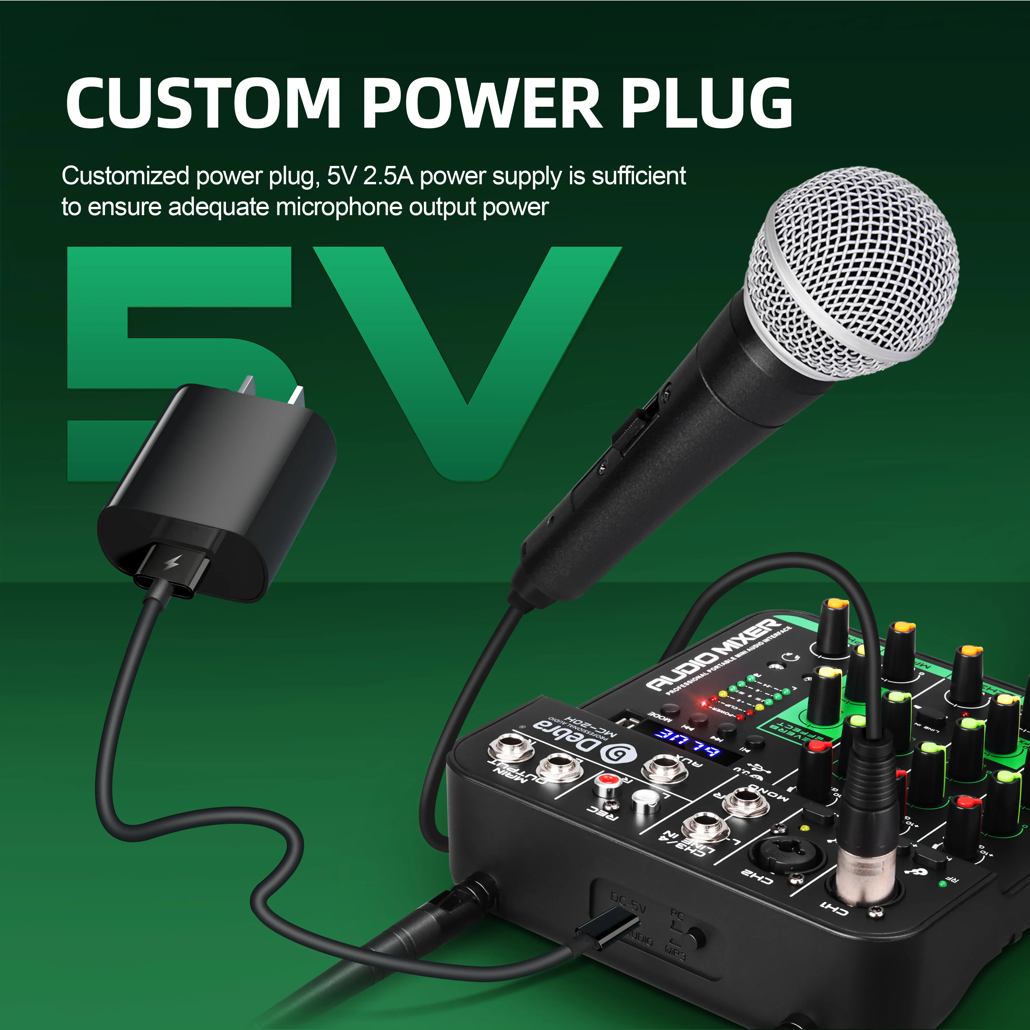 جهاز مزج الصوت MC-20H UHF ذو 4 قنوات مع 2 ميكروفونات لاسلكية، وحدة تحكم خلط تأثيرات تأخير USB (تسجيل الكمبيوتر)