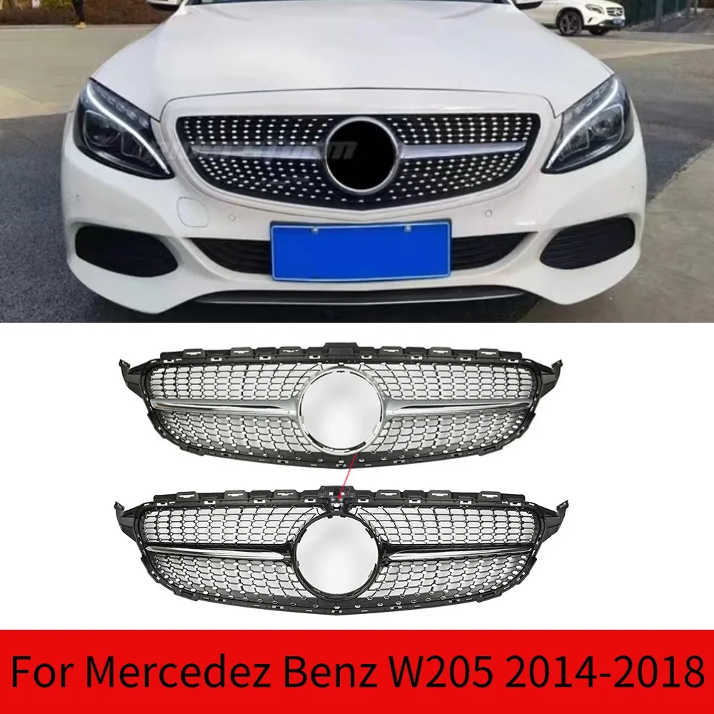 FFor Mercedez Benz C W205 2014-2018 Diamond Grill Front Mesh Grille Auto Part For Mercedez C180 C200 C250 grille front bumper gr