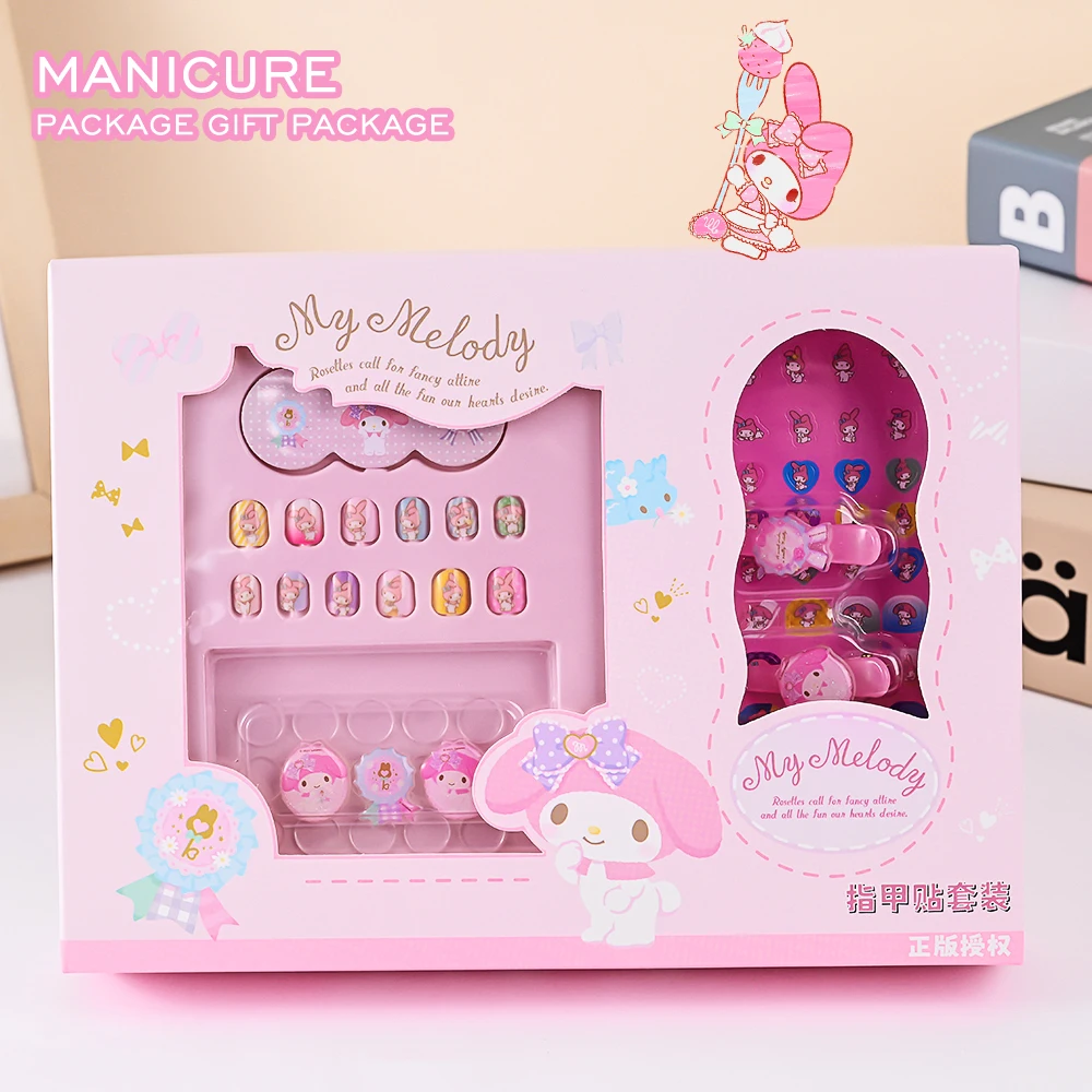 21Pcs/bag Sanrio Children Fake Nails 12Pcs Cute Melody/Kuromi/Pom Pom Purin False Nail Tips With File/Jelly Gel/Decal Nail Tips