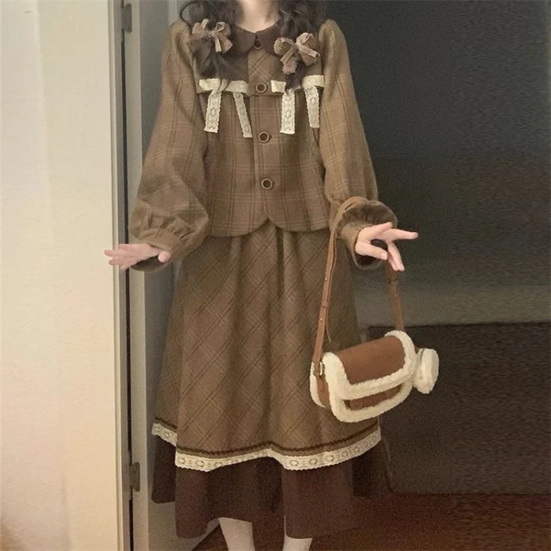 Autumn Mori Girl Long Skirt Suits Kawaii Women Doll Collar Plaid Long-sleeved Coats with High Waist A-line Pleated Skirts Set