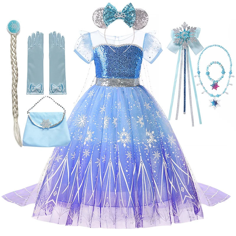 

2-10Y Girls Elsa Mesh Role Playing Dress with Bag Kids 2025 Christma Carnival Party Gown Girl Birthday Princess Glowing Vestidos
