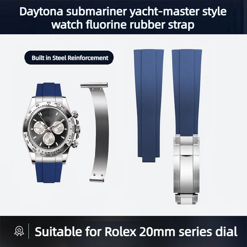 

20mm FKM Rubber Watch Strap For Rolex Daytona Water Ghost Yacht GMT Built in Steel Reinforcement fluororubber Band Bracelet Men