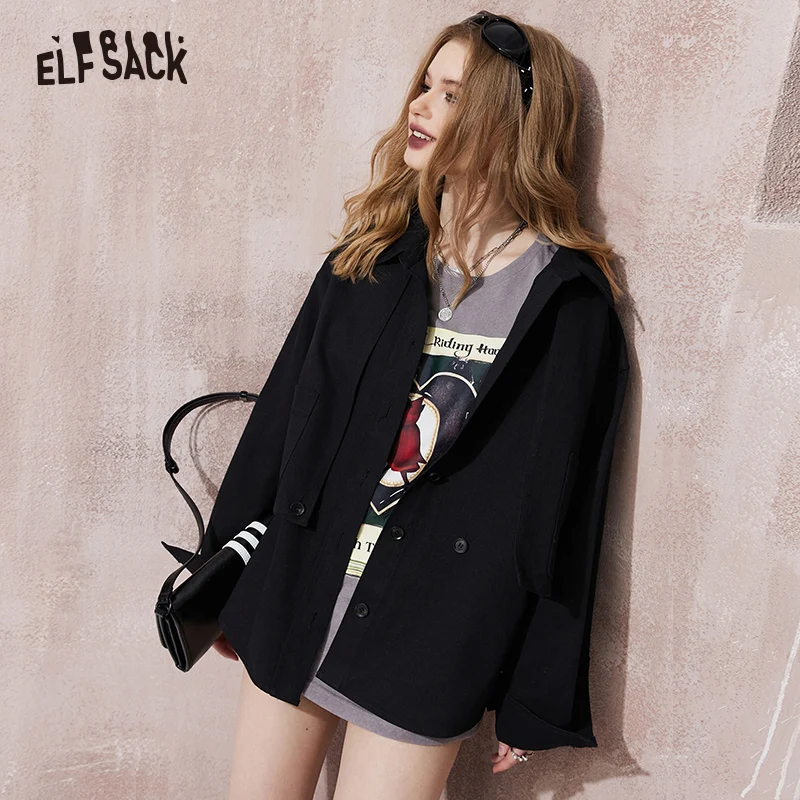 ELFSACK 2024 spring new versatile loose workwear style solid color coat for women casual style vintage cool button front pocket