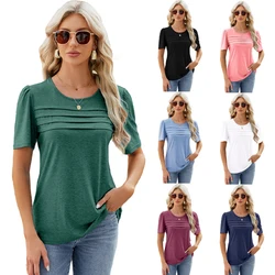 Summer Fashion Women's Top T-shirt Solid Color Clothing 2024 New U Neck Folds Casual Loose Pullover Ladies Underlay Tee Shirt