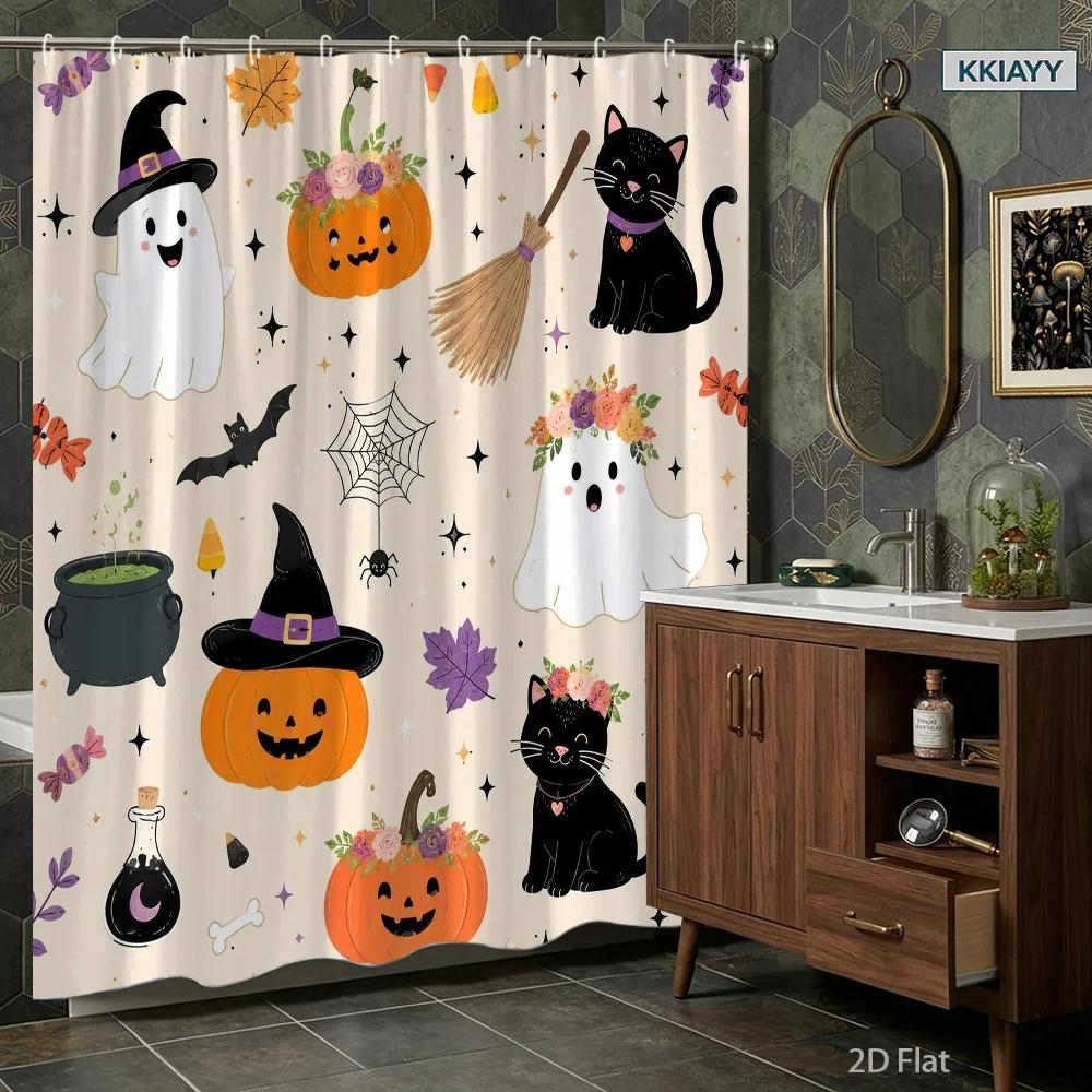1pc Halloween Shower Curtain Cute Spooky Ghost Black Cat Pumpkin Witch Broom Spider Web Floral Fall Theme Bathroom Decor Polyest
