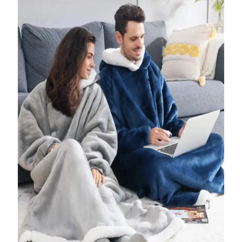 180cm Super Long Flannel Blanket Pyjamas with Sleeves Winter Hoodies Sweatshirt Women Men Pullover Fleece Giant Oversized Outdoo