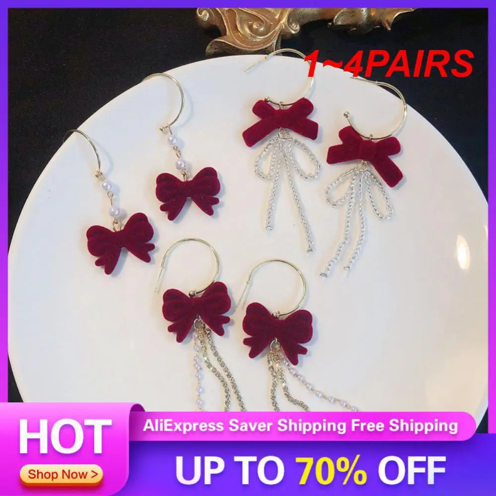 1 ~ 4 PAIA Orecchini rossi di Capodanno Sensazione confortevole Orecchini floccati con nodo a fiocco fresco e dolce Orecchini con fiocco lungo con nappa