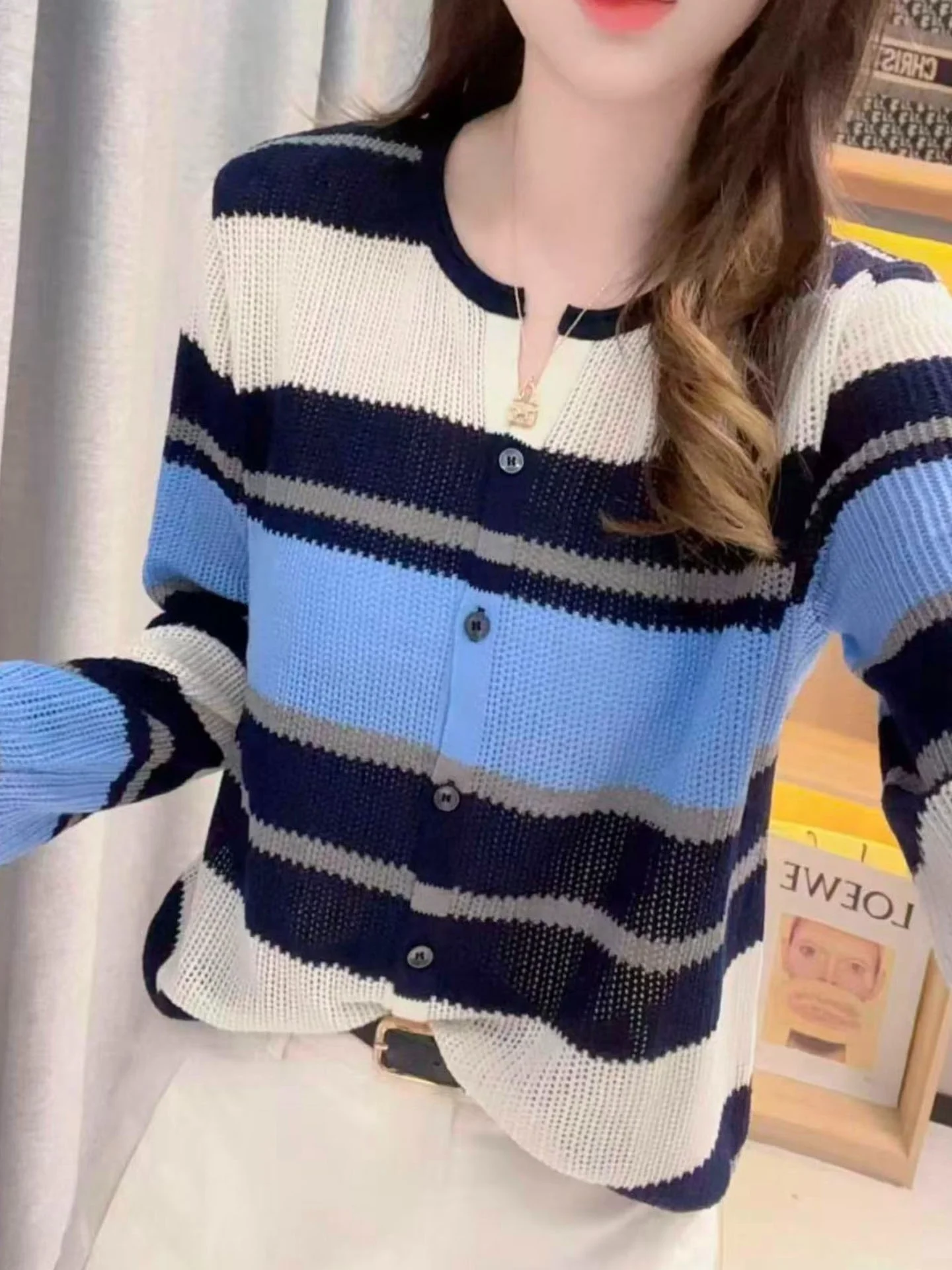 

Ele Simple Striped Knitwear Women's Loose Fit Autumn Faion Slimming Korean Sle V-Ne Long Sve Camere Sweater