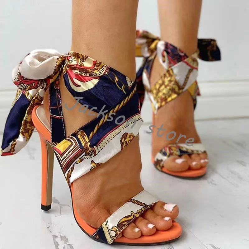 

Retro Satin Fashion Sandals Ribbon Wrapped Super High Heels Large Size Women's High Heels Stiletto Roman Lace Up Female Shoes