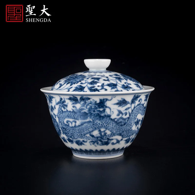 |twig wrapped lotus dragon pattern covered bowl Jingdezhen handmade high-grade ceramic tea bowl Kung Fu covered bowl