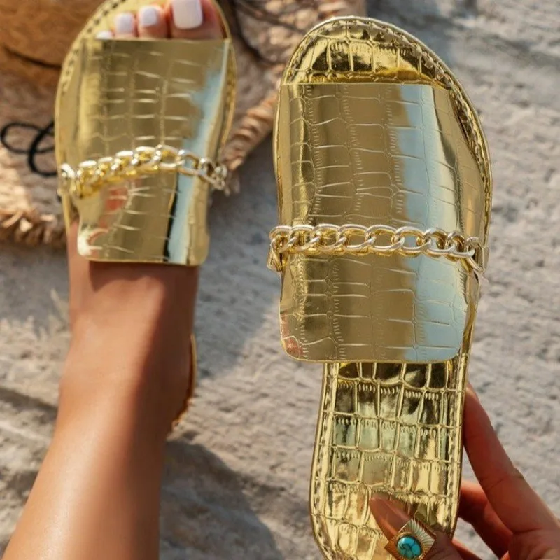 Women's Glitter Gold Slippers Metallic Textured Sandals with Chain Decor, Large Size Open-toed Flip-flops Flat Wedge Sandals