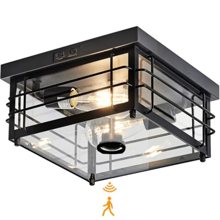 Outdoor Ceiling Light with Motion Sensor Flush Mount Farm House Porch Light Ceiling Mount Adjustable 3 Modes Squares for Patio,