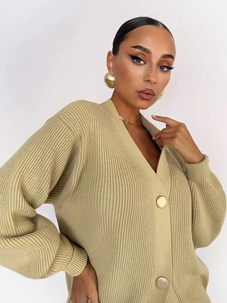 المرأة منتصف طول محبوك سترة سترة معاطف 2025 ملابس خارجية فضفاضة سترة معطف لينة التستر موضة الشارع الشهير سيدة القمم