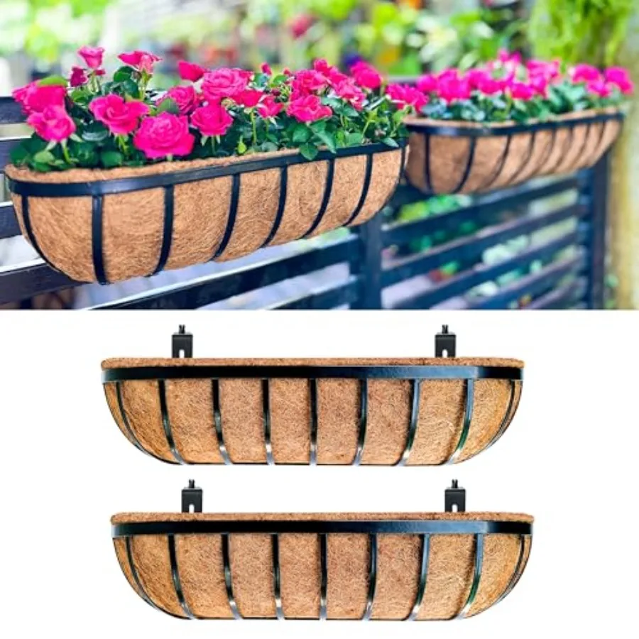 

Кашпо LaLaGreen Railing Planters Box, 2 шт., 30 см, черные металлические, большие прямоугольные, для окон, с кокосовым вкладышем, настенные