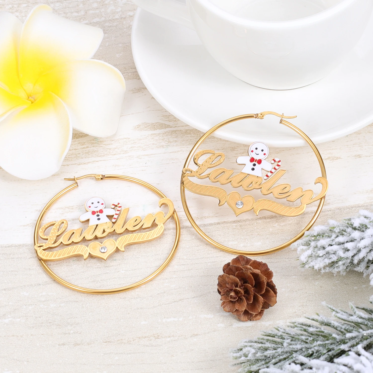 Dascusto Personalized Name earrings Christmas Gingerbread Man Design Two - Tone Custom Festive Jewelry for Women